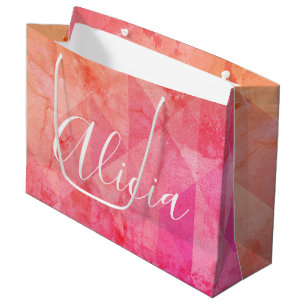 Grunge pink orange watercolor custom name text  large gift bag