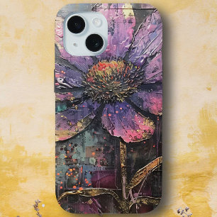 Grunge Purple Daisy Abstract Art Monogram iPhone 15 Case