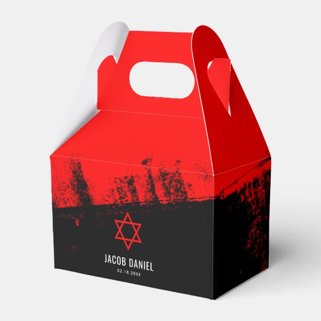 Grunge Red Black Bar Mitzvah Personalized Favor Box (Front Side)