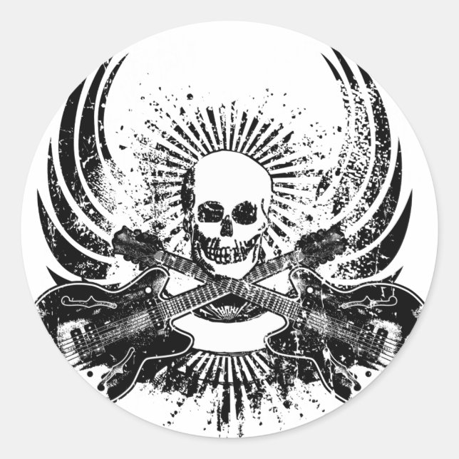 Grunge Rock Skull with Guitars Classic Round Sticker (Front)