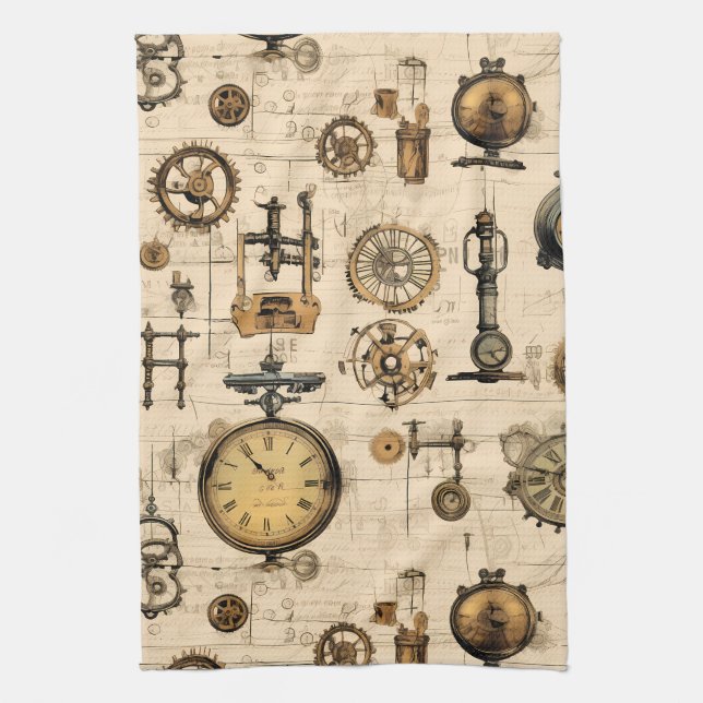 Grunge Rustic Steampunk Clock (13) Kitchen Towel (Vertical)