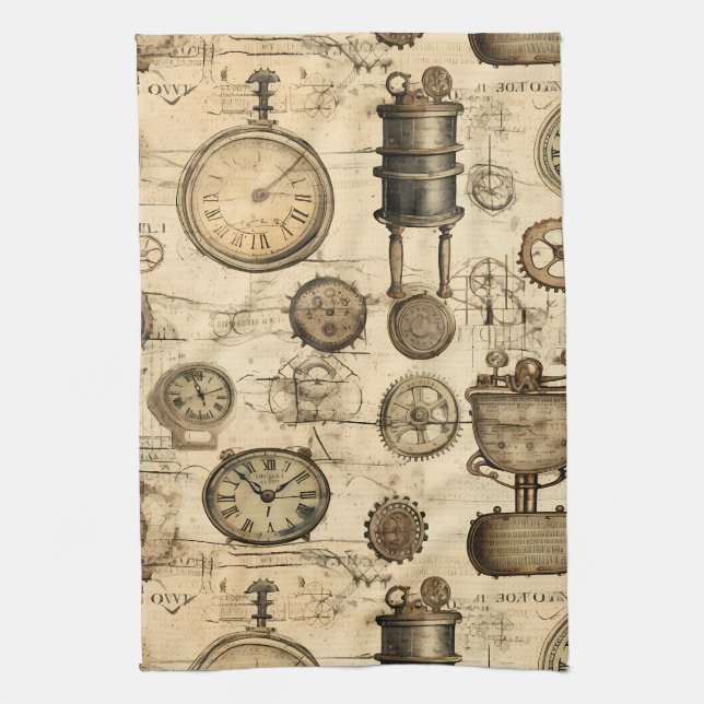 Grunge Rustic Steampunk Clock (14) Kitchen Towel (Vertical)