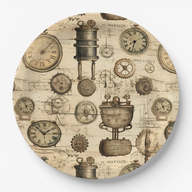 Grunge Rustic Steampunk Clock (14) Paper Plate (Front)