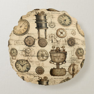 Grunge Rustic Steampunk Clock (14) Round Pillow