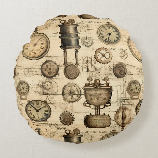 Grunge Rustic Steampunk Clock (14) Round Pillow (Front)