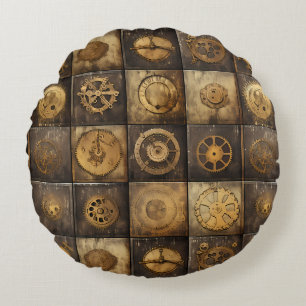Grunge Rustic Steampunk Clock (15) Round Pillow