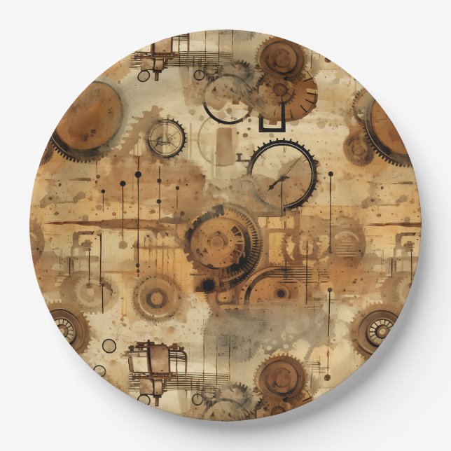Grunge Rustic Steampunk Clock (1) Paper Plate (Front)