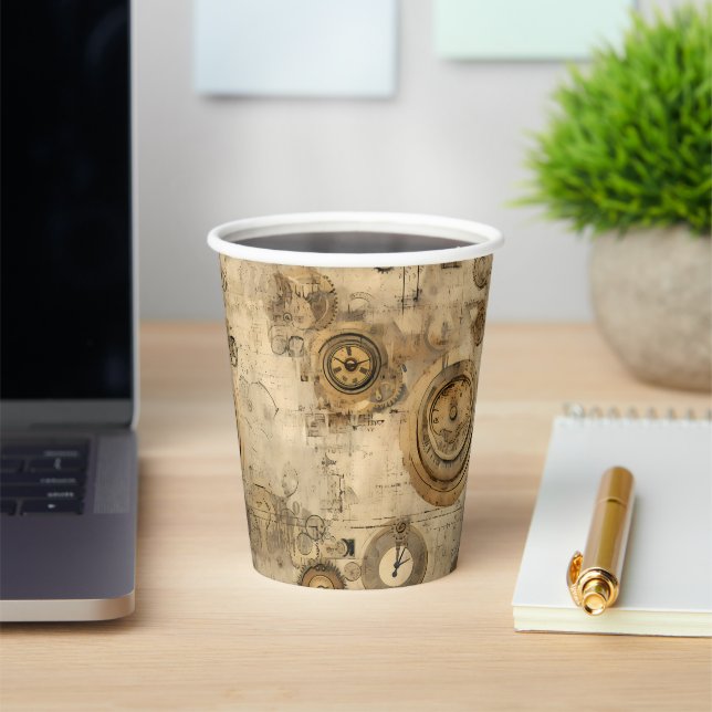 Grunge Rustic Steampunk Clock (2) Paper Cups (Insitu)