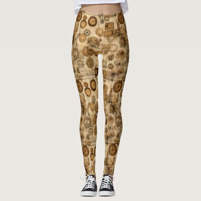 Grunge Rustic Steampunk Clock (4) Leggings (Front)