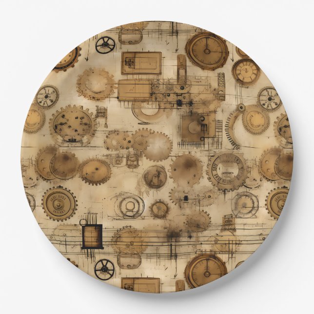 Grunge Rustic Steampunk Clock (4) Paper Plate (Front)