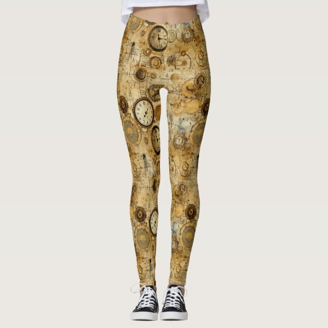 Grunge Rustic Steampunk Clock (5) Leggings (Front)