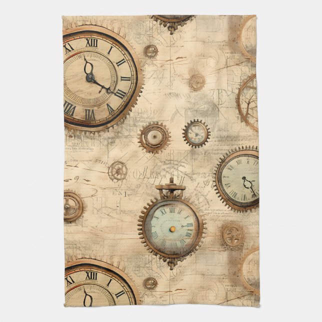 Grunge Rustic Steampunk Clock (6) Kitchen Towel (Vertical)