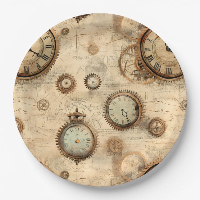 Grunge Rustic Steampunk Clock (6) Paper Plate (Front)