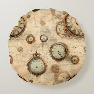 Grunge Rustic Steampunk Clock (6) Round Pillow