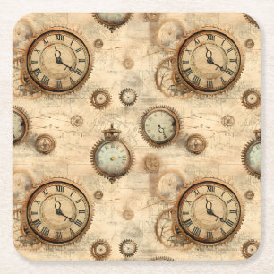 Grunge Rustic Steampunk Clock (6) Square Paper Coaster