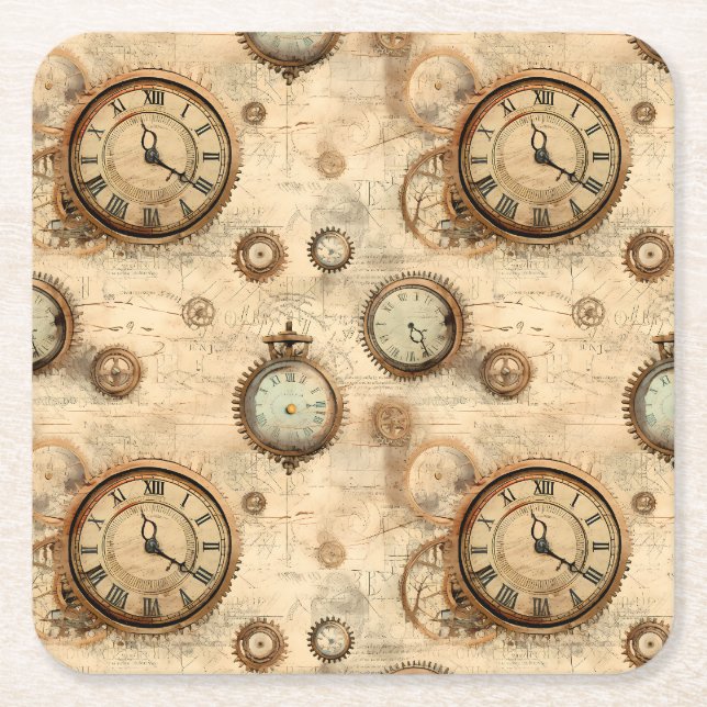 Grunge Rustic Steampunk Clock (6) Square Paper Coaster (Front)