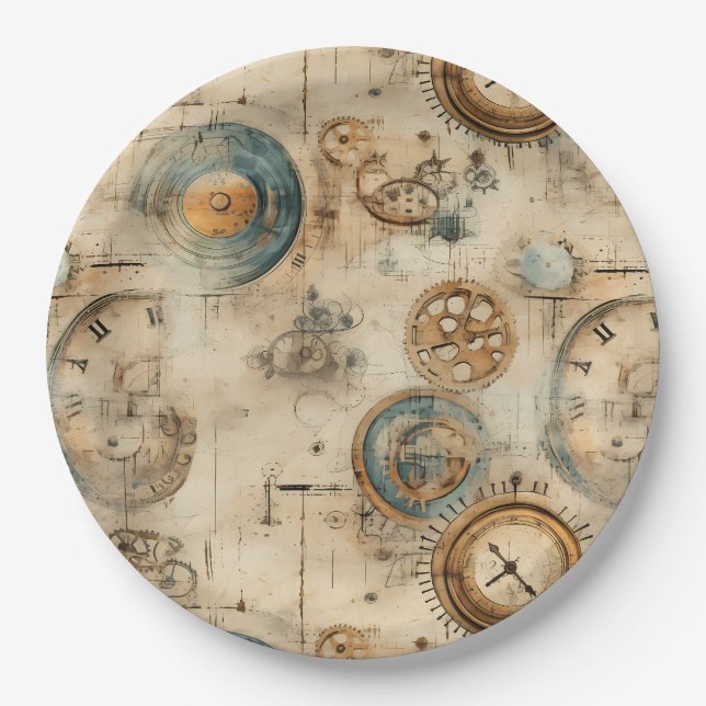 Grunge Rustic Steampunk Clock (7) Paper Plate (Front)