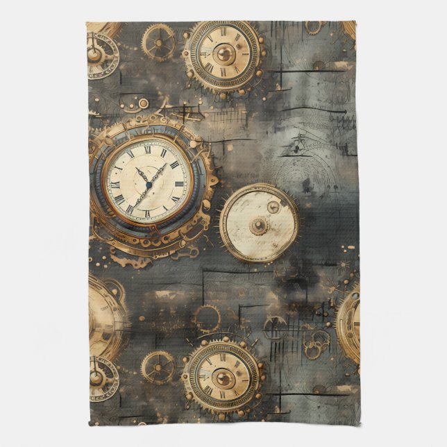 Grunge Rustic Steampunk Clock (8) Kitchen Towel (Vertical)