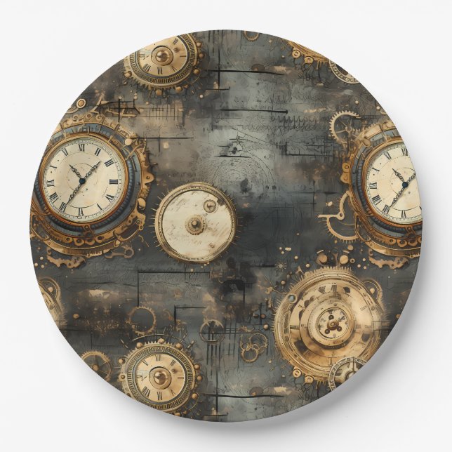 Grunge Rustic Steampunk Clock (8) Paper Plate (Front)