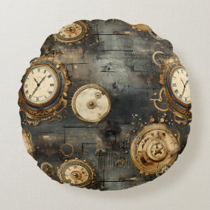 Grunge Rustic Steampunk Clock (8) Round Pillow