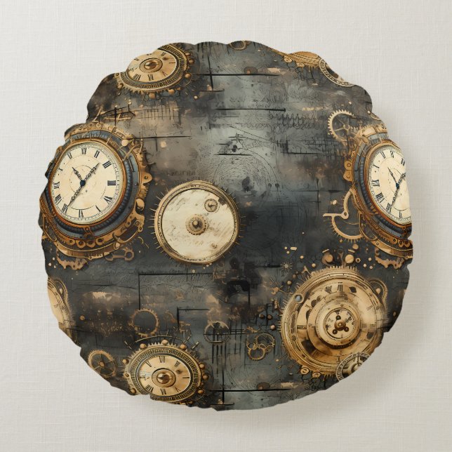 Grunge Rustic Steampunk Clock (8) Round Pillow (Front)