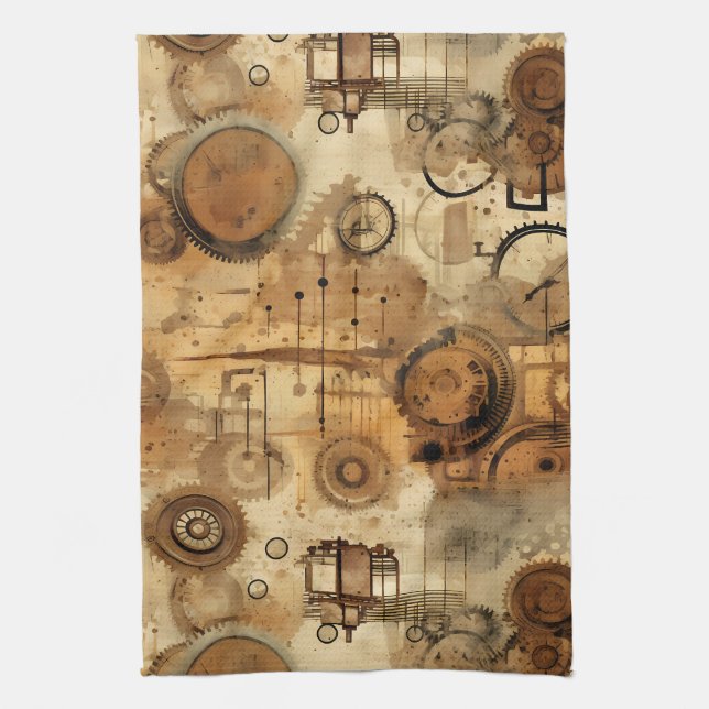 Grunge Rustic Steampunk Clock Kitchen Towel (Vertical)