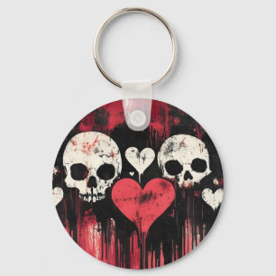 Grunge Skull and Hearts- Bold Red and Black Art Keychain