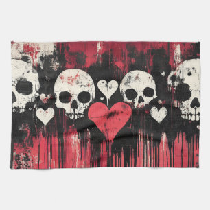 Grunge Skull and Hearts- Bold Red and Black Art Kitchen Towel