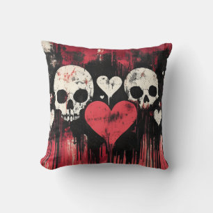 Grunge Skull and Hearts- Bold Red and Black Art Throw Pillow