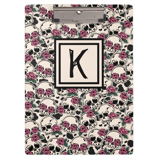 Grunge Skull and Roses Monogrammed Clipboard (Front)