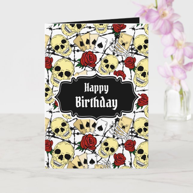 Grunge Skulls and Roses Goth Birthday Card (Orchid)