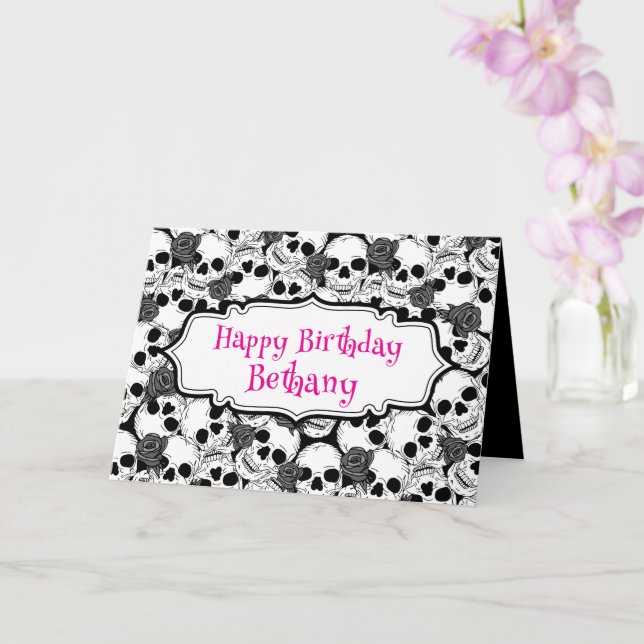 Grunge Skulls and Roses Goth Birthday Card (Orchid)