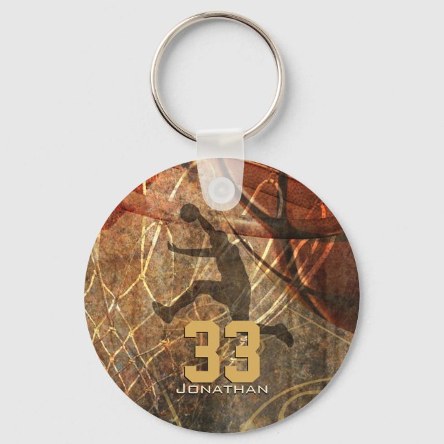 grunge sports mens basketball player personalize keychain (Front)