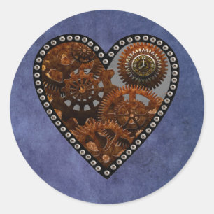 Grunge Steampunk Clocks and Gears Heart Classic Round Sticker