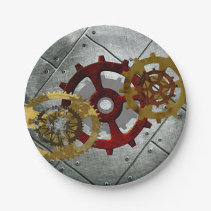 Grunge Steampunk Clocks and Gears Paper Plate
