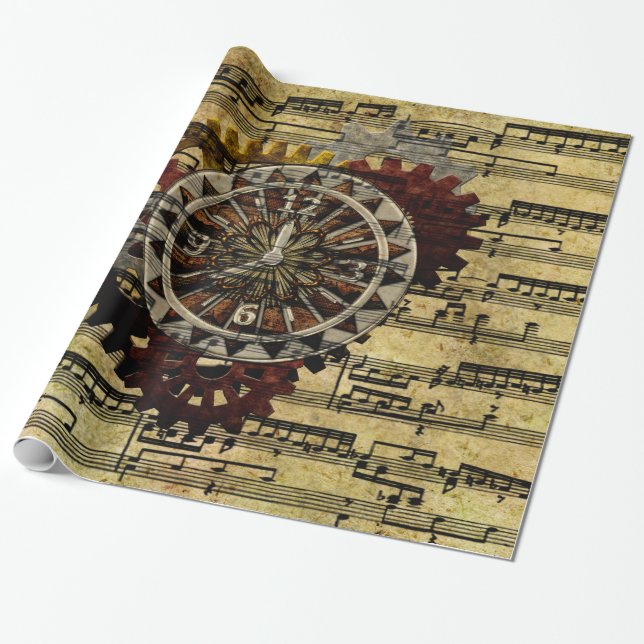 Grunge Steampunk Clocks and Gears Wrapping Paper (Unrolled)