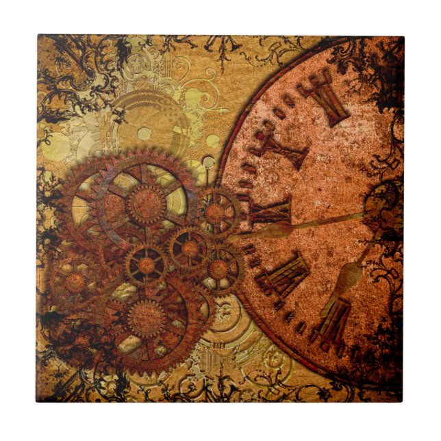 Grunge Steampunk Gear and Clock Tile (Front)