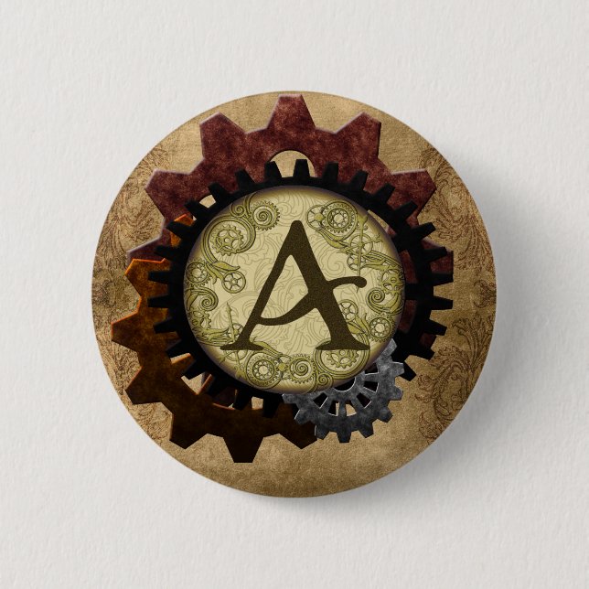 Grunge Steampunk Gears Monogram Letter A 2 Inch Round Button (Front)