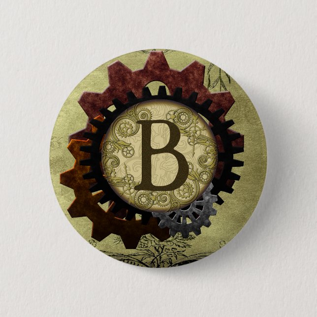 Grunge Steampunk Gears Monogram Letter B 2 Inch Round Button (Front)