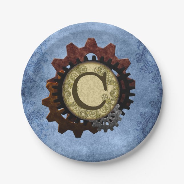 Grunge Steampunk Gears Monogram Letter C Paper Plate (Front)