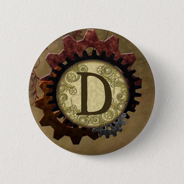 Grunge Steampunk Gears Monogram Letter D 2 Inch Round Button (Front)