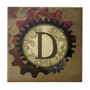 Grunge Steampunk Gears Monogram Letter D Tile