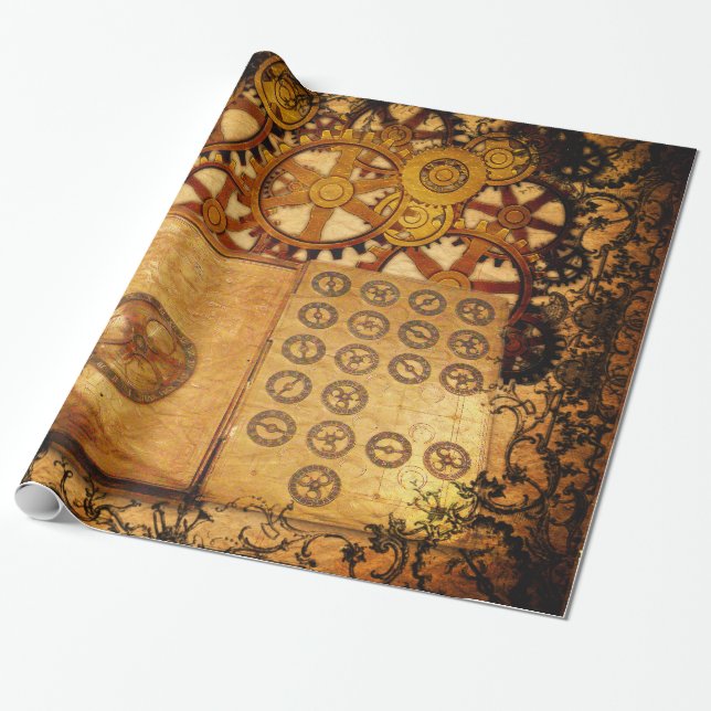 Grunge Steampunk Gears Wrapping Paper (Unrolled)