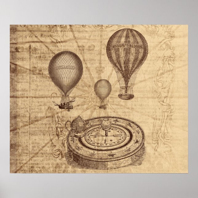 grunge steampunk hot air balloons on old map poster (Front)