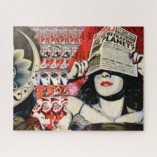 Grunge street art of a woman holding a newspaper, jigsaw puzzle (Horizontal)