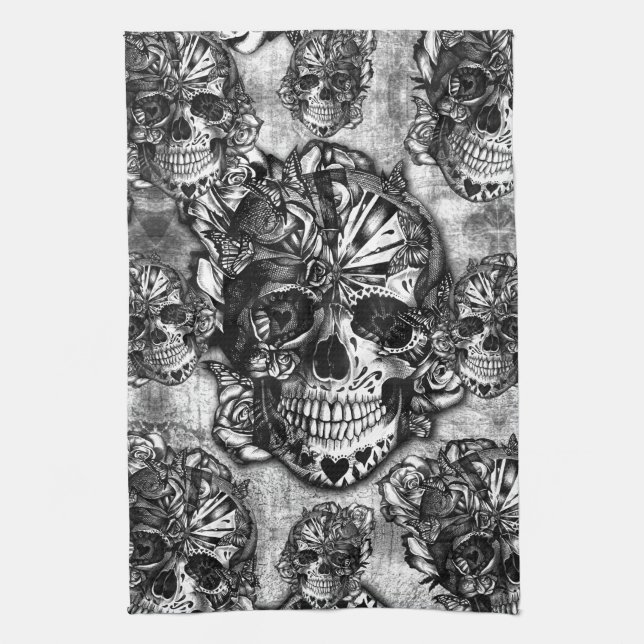 Grunge sugar skull pattern kitchen towel (Vertical)