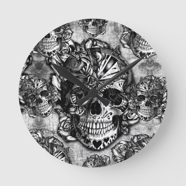 Grunge sugar skull pattern round clock (Front)