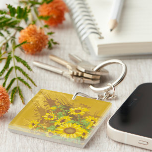 Grunge Sunflower Art Bold Rustic Yellow Floral Keychain
