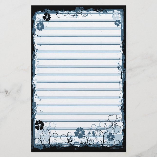 Grunge Swirl Flowers Lined Stationery White Blue (Front)