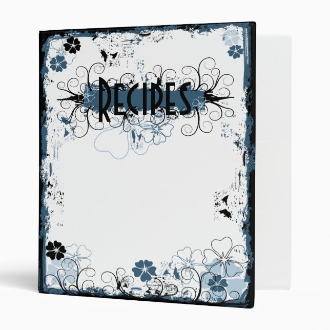 Grunge Swirl Flowers Recipes Binder White Blue (Front/Inside)